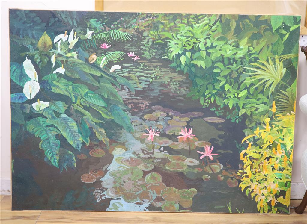 Vincent Marignane (Contemporary French School), acrylic on canvas, Waterlilies, 99 x 140cm, unframed